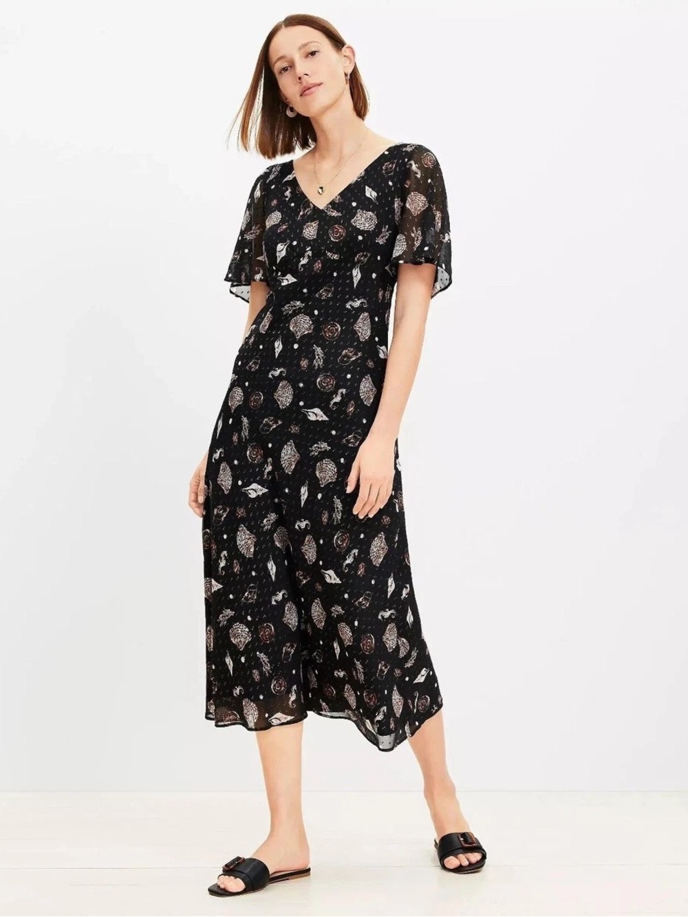 NWT Ann Taylor LOFT Metallic Clip Flutter Sleeve Midi Dress